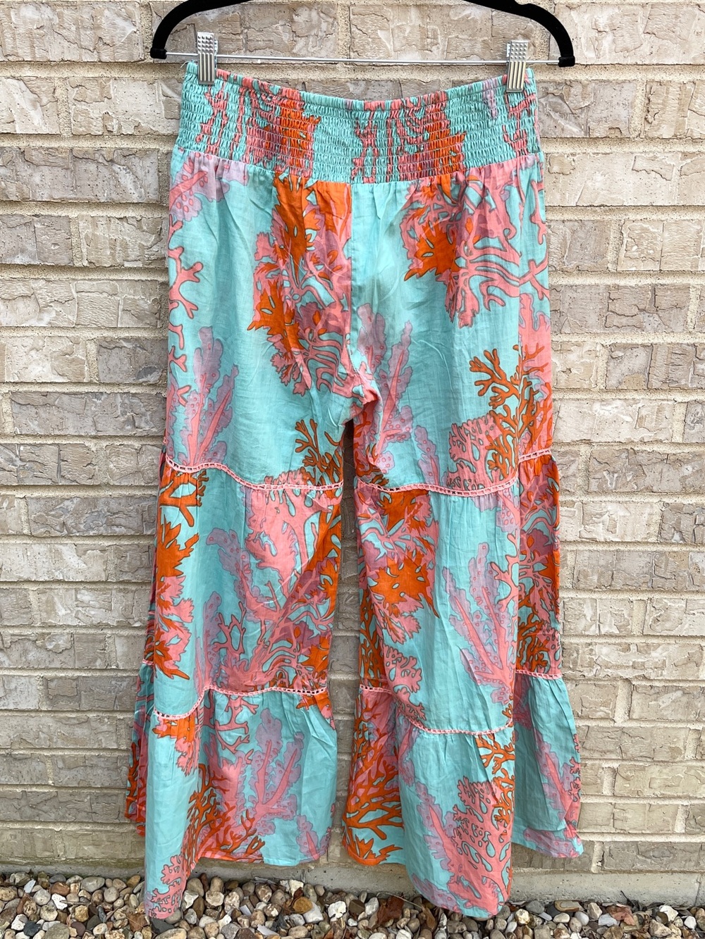 Debbie Katz Tala Pant Sea, Boho Wide-Leg Tiered Pants in Aqua & Coral - L - Picture 5 of 10